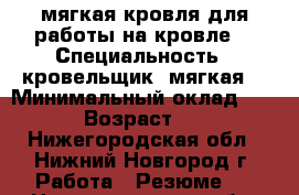 мягкая кровля для работы на кровле  › Специальность ­ кровельщик  мягкая  › Минимальный оклад ­ 100 › Возраст ­ 39 - Нижегородская обл., Нижний Новгород г. Работа » Резюме   . Нижегородская обл.,Нижний Новгород г.